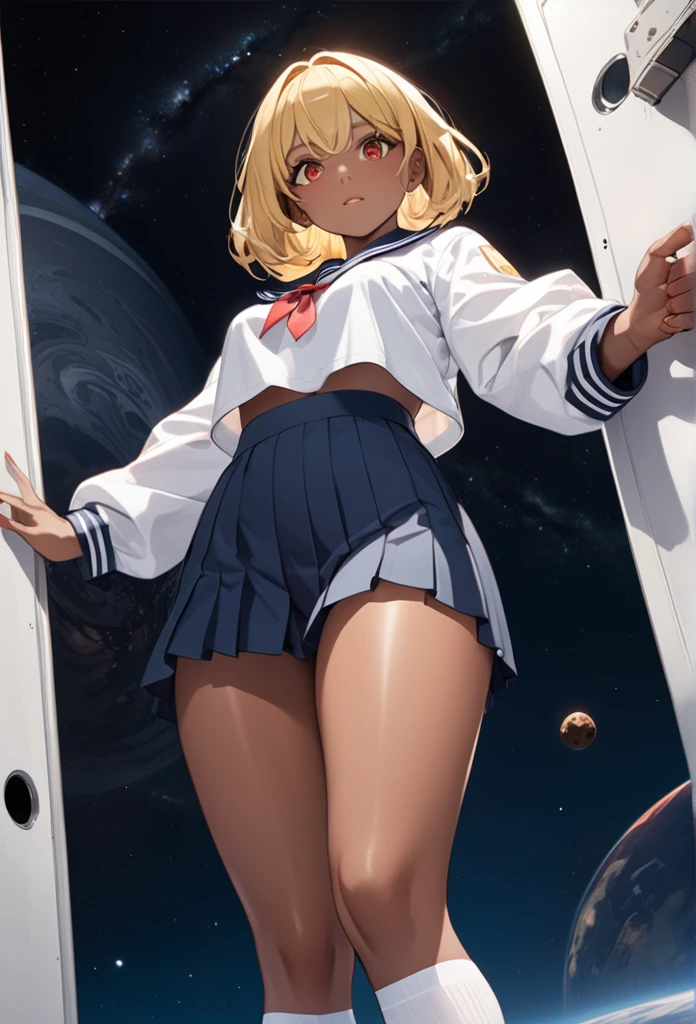 Highest quality, masterpiece, Ultra-high resolution, One girl,

Smooth blonde hair with dark roots Two-tone hair Blonde bob cut Slanted eyes Red eyes Crimson eyes Sparkling eyes drawn in detail Tanned skin Brown skin Chocolate skin Traditional sailor suit Dark green sailor suit White socks Loafers Low angle Perfect proportions Standing with arms crossed Confident expression Eyes drawn in detail Somewhere in space A shooting star