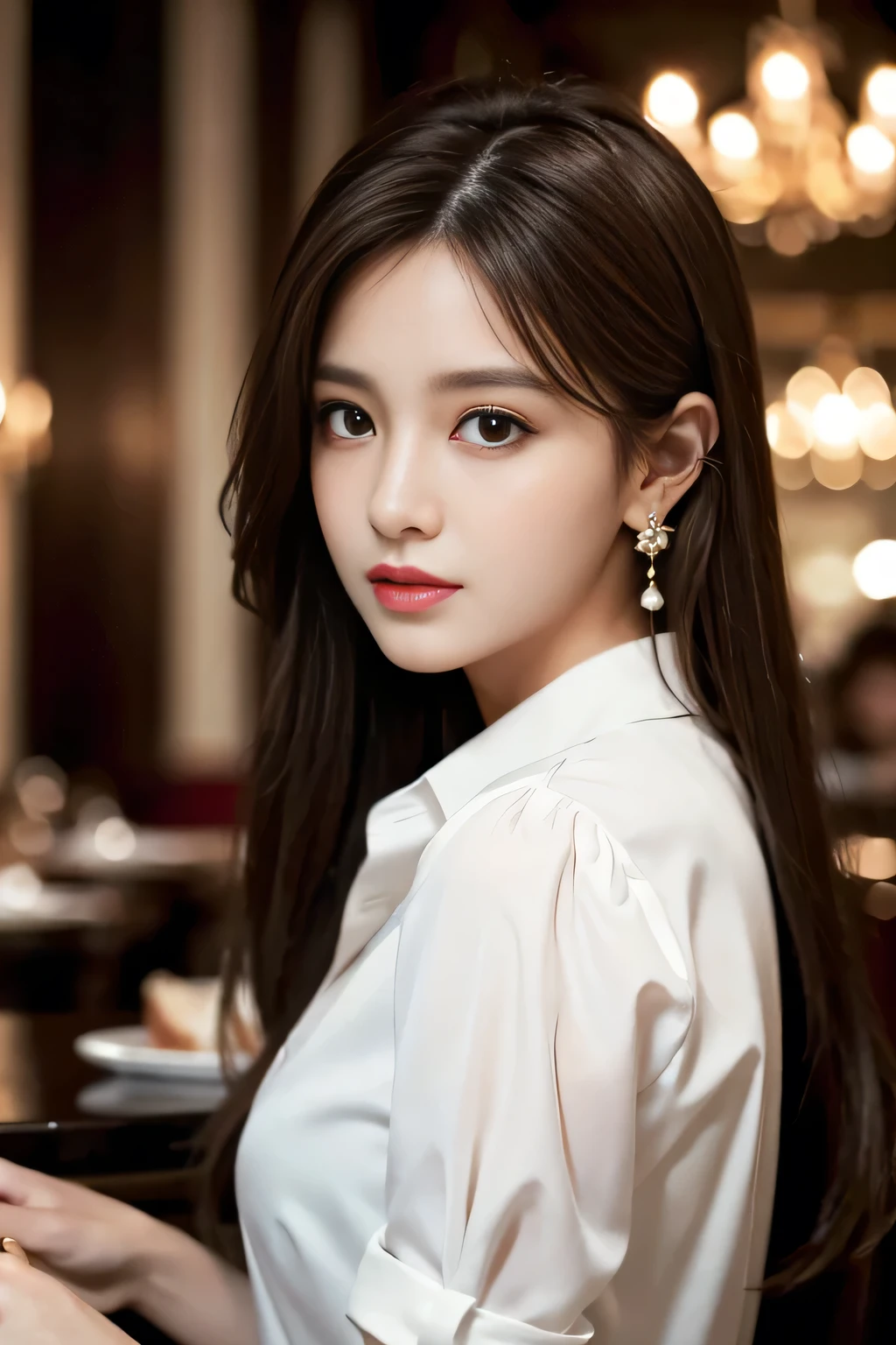 masterpiece, Highest quality, Realistic, Very detailed, Finer details, High resolution, 8k wallpaper, One beautiful woman, Wear an elegant white shirt, In a great restaurant, At night, Light brown messy hair, Perfect dynamic composition, Beautiful and beautiful eyes、Big earrings、