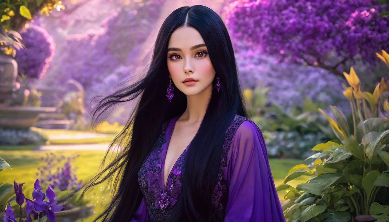 a beautiful girl with long black hair wearing a purple outfit, detailed facial features, striking gaze, elegant pose, in a lush garden setting, vibrant colors, detailed background, photorealistic, concept art style, cinematic lighting, ethereal atmosphere, 8k, high quality, masterpiece
