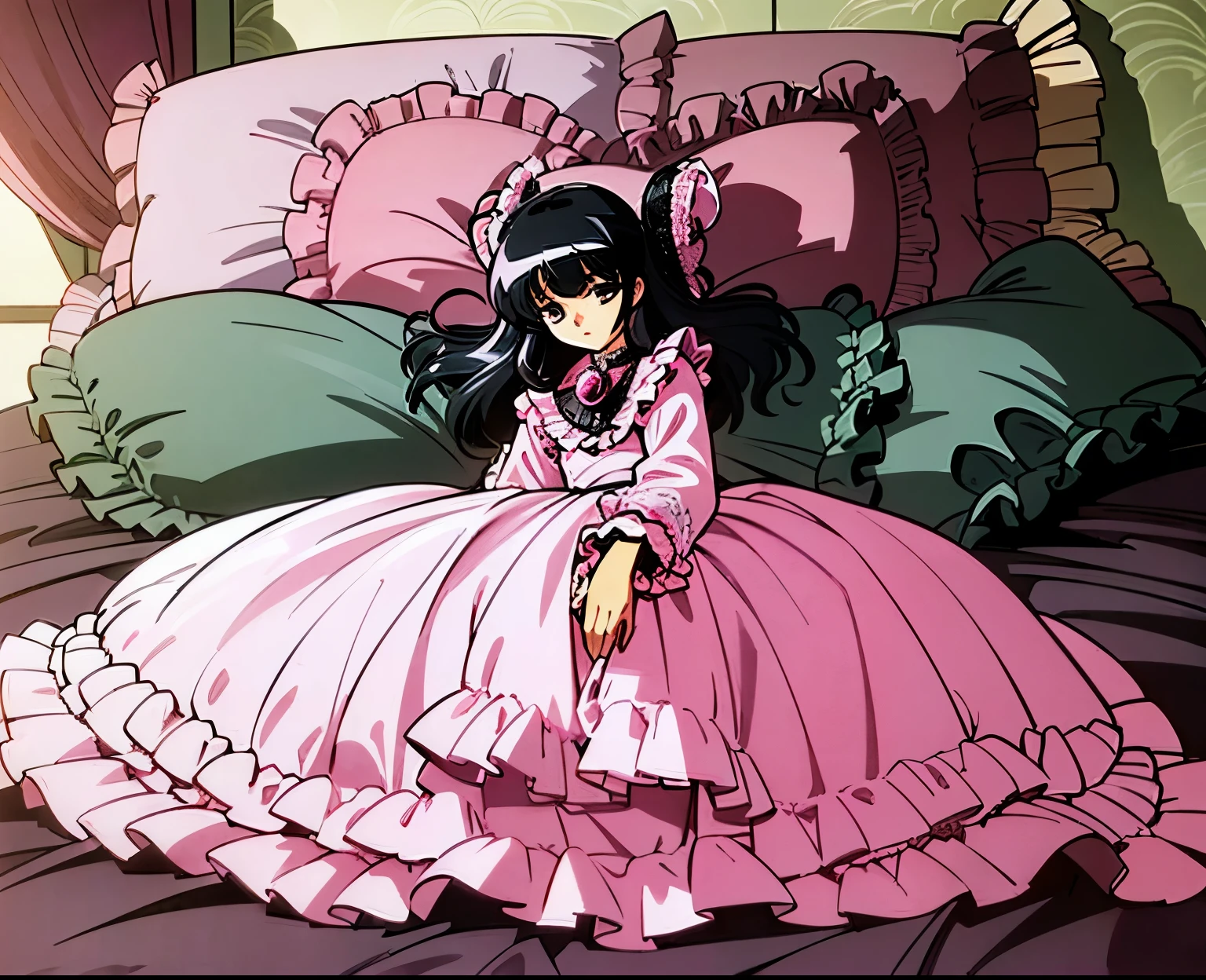 ,highest quality, masterpiece, highest resolution, artwork, 1980s styles anime illustration,(( 10 year old girl)),Super detailed baby face,high quality small face,long black hair,Japanese,landmine girl,pajamas,,curly hair,((((Pink ta Fashion Long Skirt One Piece Dress)))),((Cute pink pajamas with lots of frills and ribbons)),((Luxurious pink headdress with frills and ribbons)),((((black ruffles and lace)))),detailed headdress,,(((big yoke collar))),Yoke collar with ruffles and ribbons,((((long sleeve)))),ruffle sleeves,((((long skirt)))),pink and black pillow with large ruffles and ribbons,(((Nice pink outfit))),On a luxurious canopy bed,canopy bed,The bed is surrounded by luxurious curtains,There are many pink and black frilly pillows on the bed.,Behind the girl are many pink and black frilly pillows...,super detailed background,detailed bed,((((pink duvet with black lace and ruffles)))),soft pink comforter,Highly detailed soft ruffle pillow,Beautiful girl illustration,detailed beautiful face,thin hair,detailed eye ,detailed eyes,detailed mouth, arm details,fine hands,Detailed pillow,wide bed,Illustration on the bed, ,((((round futon)))),((((A large pink futon that covers the entire bed)))),detailed comforter,detailed bedシーツ,Before bedtime,romantic atmosphere,palace bedroom,((((The lower body is hidden under a large futon....)))) The girl is leaning on a pile of pillows, ,((((round futon)))),((((Large pink ruffle comforter with black ruffles and lace covering the entire bed)))),look at me with contempt,Hold your hands,bring both hands close to the mouth,