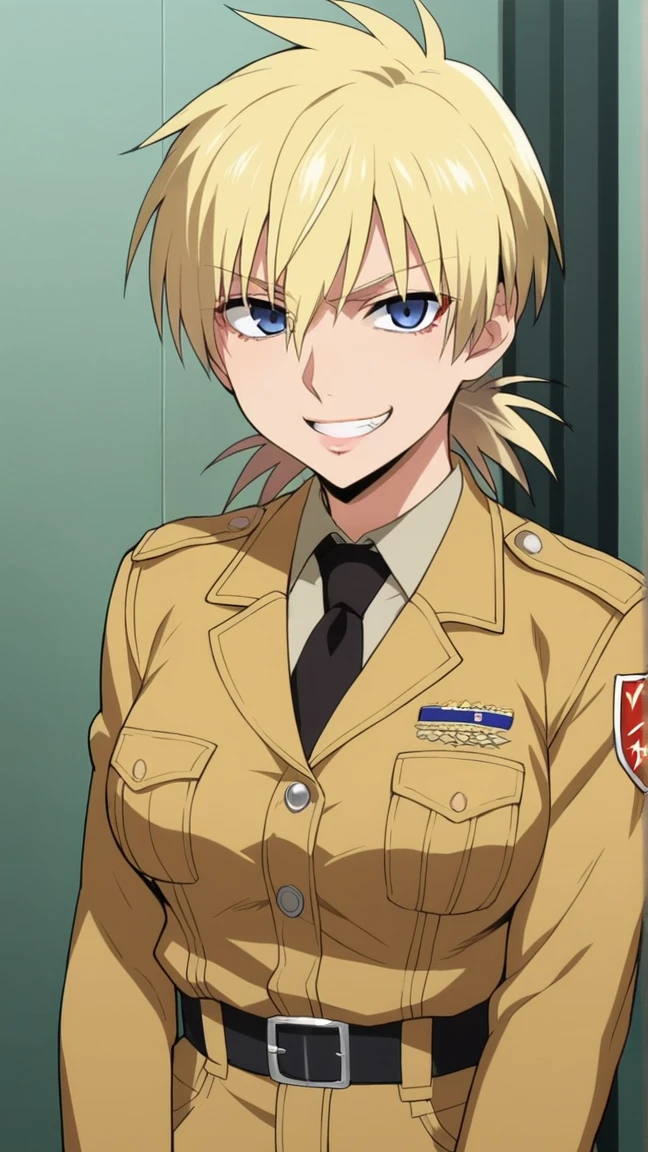 score_9, score_8_up, score_7_up, source_anime, BREAK,  ikuchan, clean color, flat color, 1girl, anime screencap, screencap, seras, hellsing, blonde hair, blue eyes, smug, smirk, milf, mature female, indoors 