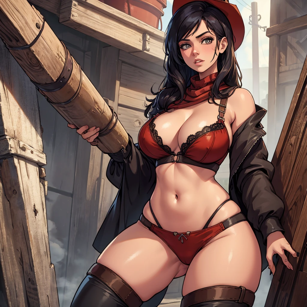 sexy old west girl red dead redemption style with very tight cleavage 