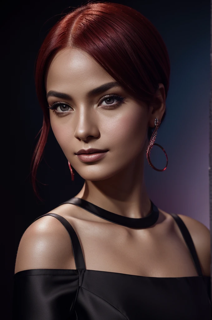 portrait of woman sks, optimistic , Dress haute couture , with dark red Bob , epic moon background (Photo, studio lighting, Hard light, Sony A7, 50 millimeters, matte skin, pores, colors, hyperdetailed, Hyper realistic),