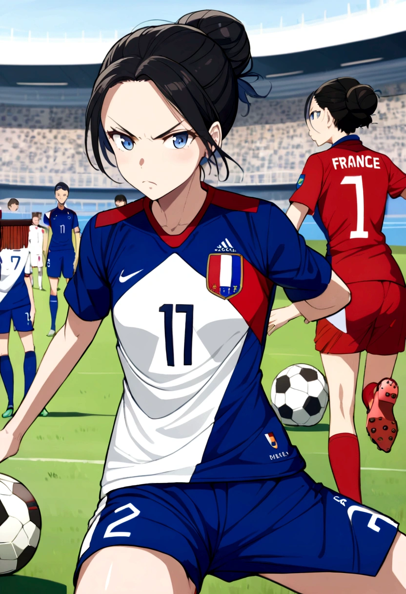 (anime ,2D) Women, soccer player , average height ,clear skin,thin face ,serious expression,blue eyes,black hair , waist length ,fringe ,gathered in a bun at the back,Skinny body, France national team uniform, In a soccer field ,kicking a ball