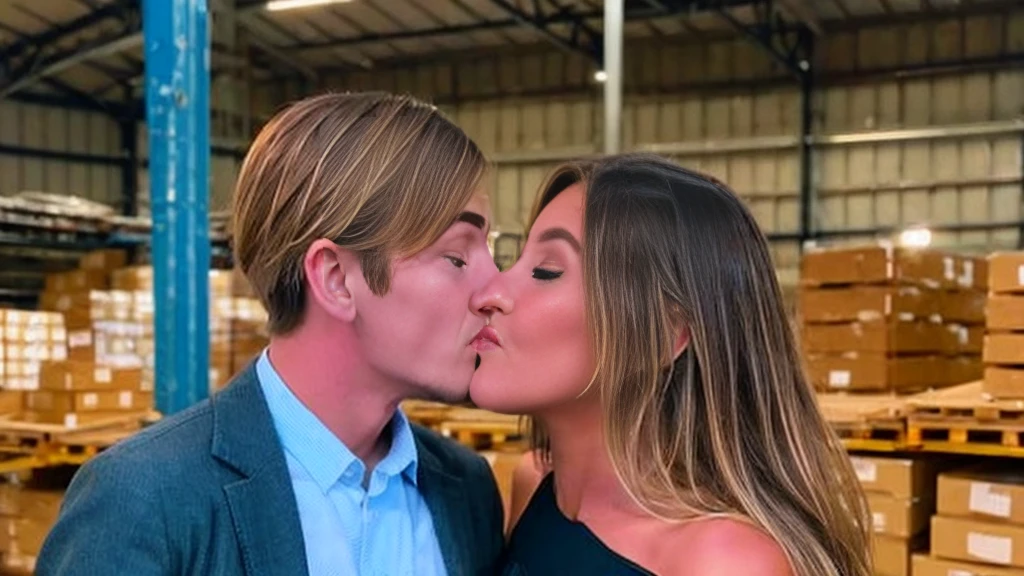a woman with ( brown blonde hair  ) in black lingerie  ( kissing a man dressed as a cleaner )  in a warehouse