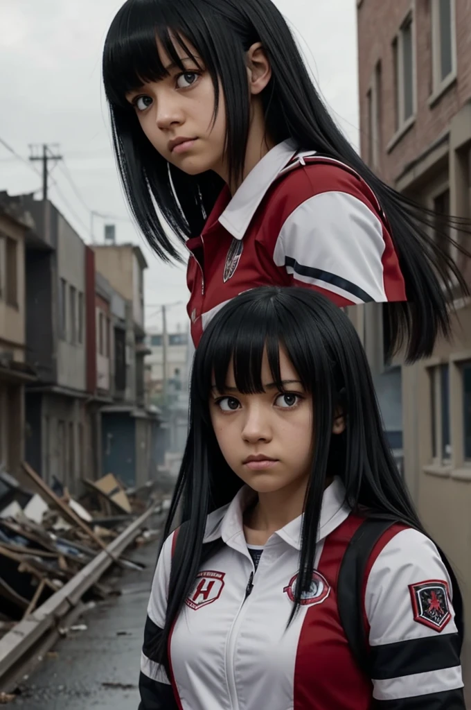 Screenshot of my hero academia. Girl with long straight black hair with bangs, red highlights. Dark black eyes and has a cold and disappointed expression. He is wearing the UA uniform and in the background you can see the destroyed city
