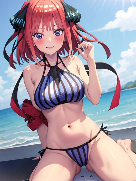 best quality, insanely detailed, nino nakano, breasts, smile, swimsuit, halterneck, striped tops, flower print,nipple,pussy