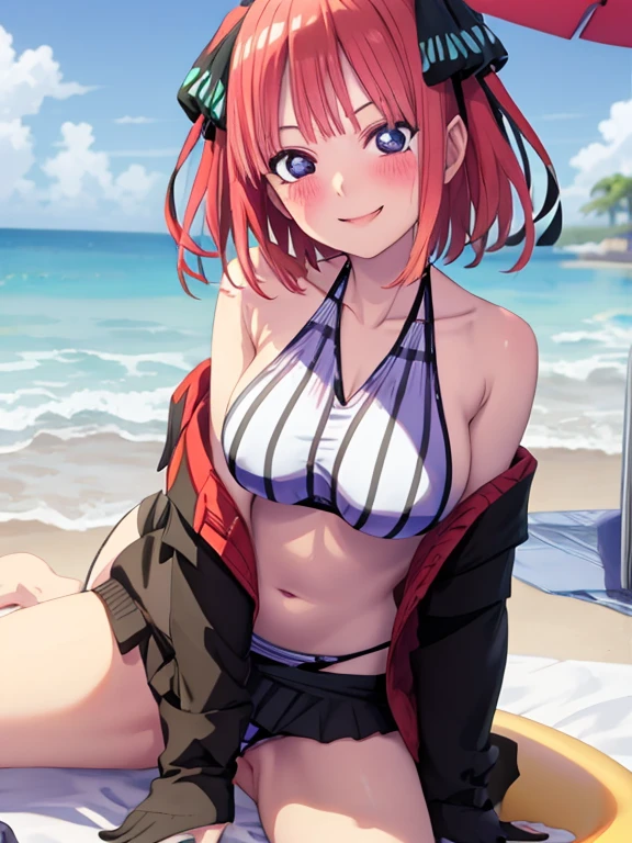 best quality, insanely detailed, nino nakano, breasts, smile, swimsuit, halterneck, striped tops, flower print,nipple,pussy