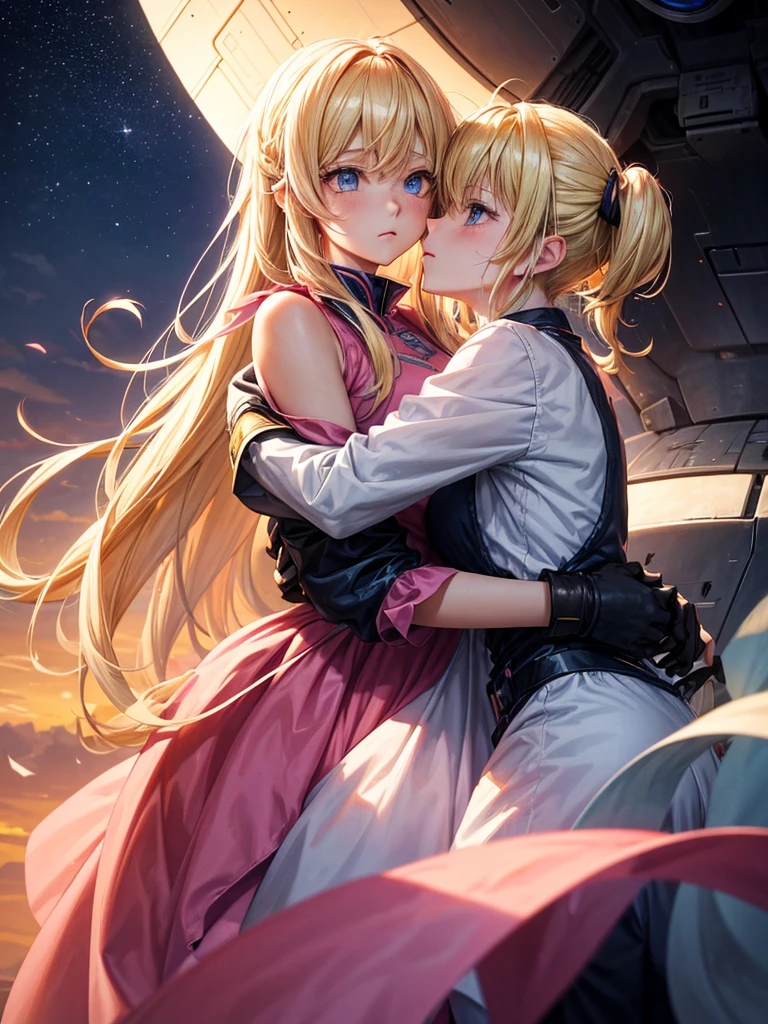 **In an emotional farewell atmosphere, a couple of friends hug each other tightly next to a spaceship. There are only the two of them, with no one else around. The boy is tall and adult, with messy black hair and deep black eyes, wearing a Dragon Ball Z style battle suit, that highlights his strong and determined figure. The girl, shorter than him, He has bright blonde hair, hairstyles in two low pigtails decorated with pink ribbons. His blue eyes reflect a mix of sadness and determination.. She is wearing a pink jumpsuit-type dress that gives her an air of innocence and tenderness..They are on a deserted launch pad, with the imposing spaceship at his side, ready to go. The atmosphere is charged with emotions, with the sky tinted a soft orange tone by the sunset. The soft wind slightly moves the girl's hair and the ribbons of her dress., as they both hold on to each other, knowing that this farewell could be final.The art style should capture the essence of Dragon Ball Z, with dynamic and expressive lines that highlight the intensity of the moment. The scene must convey the loneliness of his farewell, the deep connection between the two friends, and the uncertainty of the future that lies ahead.**