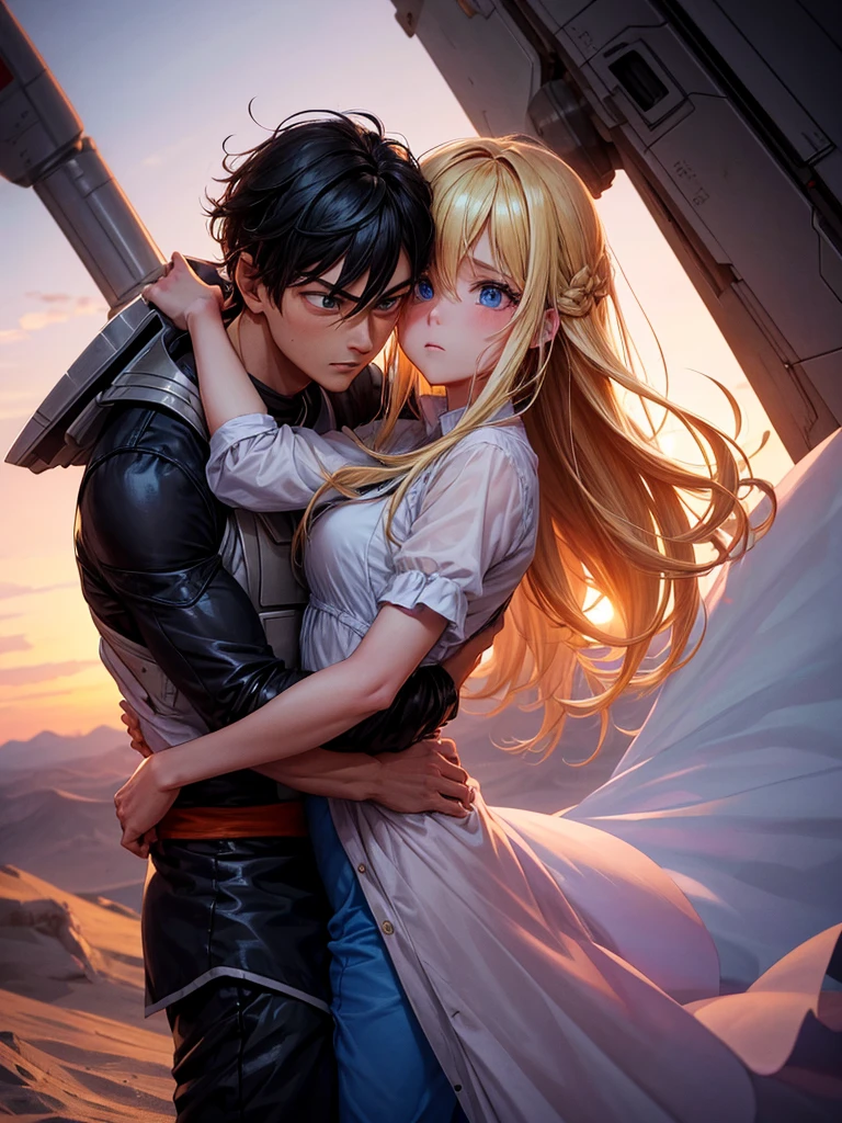 **In an emotional farewell atmosphere, a couple of friends hug each other tightly next to a spaceship. There are only the two of them, with no one else around. The boy is tall and adult, with messy black hair and deep black eyes, wearing a Dragon Ball Z style battle suit, that highlights his strong and determined figure. The girl, shorter than him, He has bright blonde hair, hairstyles in two low pigtails decorated with pink ribbons. His blue eyes reflect a mix of sadness and determination.. She is wearing a pink jumpsuit-type dress that gives her an air of innocence and tenderness..They are on a deserted launch pad, with the imposing spaceship at his side, ready to go. The atmosphere is charged with emotions, with the sky tinted a soft orange tone by the sunset. The soft wind slightly moves the girl's hair and the ribbons of her dress., as they both hold on to each other, knowing that this farewell could be final.The art style should capture the essence of Dragon Ball Z, with dynamic and expressive lines that highlight the intensity of the moment. The scene must convey the loneliness of his farewell, the deep connection between the two friends, and the uncertainty of the future that lies ahead.**