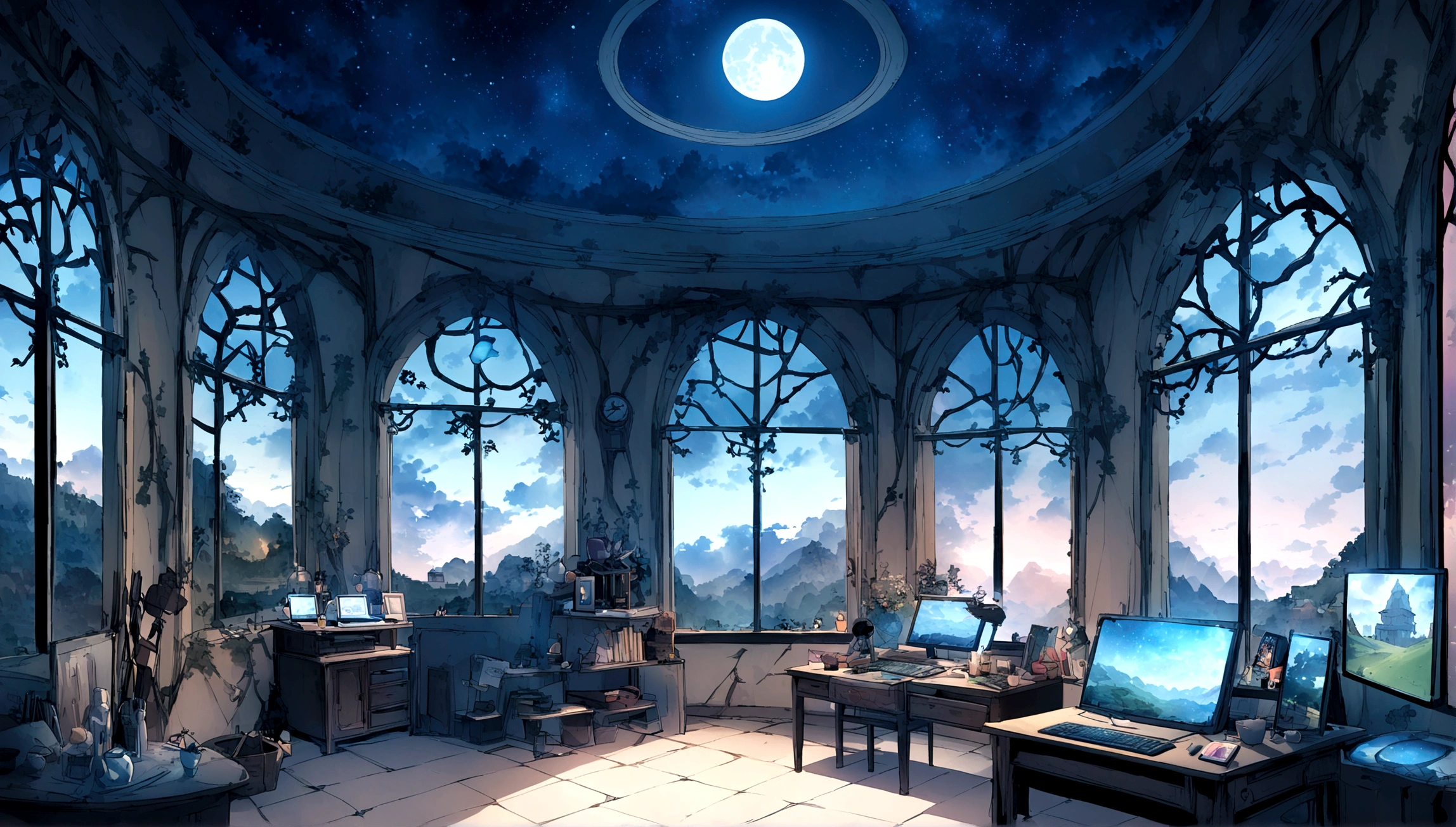 on the desk、No people、Tablet、liquid crystal、moon、PC Monitor、liquid crystalTablet、smartphone、wall、Dark atmosphere、Blue Neon、Blue Star、keyboard、Vocal Microphone、Headphones、Large windows、landscape、窓の前のon the deskの白い花とラップトップ、Digital painting inspired by Gyokudō Uragami、pixiv Contest Winner、magical realism、Magical Lab Background、Magic Background、Background Art、Personal room background、Random background scenes、アニメのBackground Art、Cozy cafe background、Fairytale style background、Background Artワーク、Mobile game background