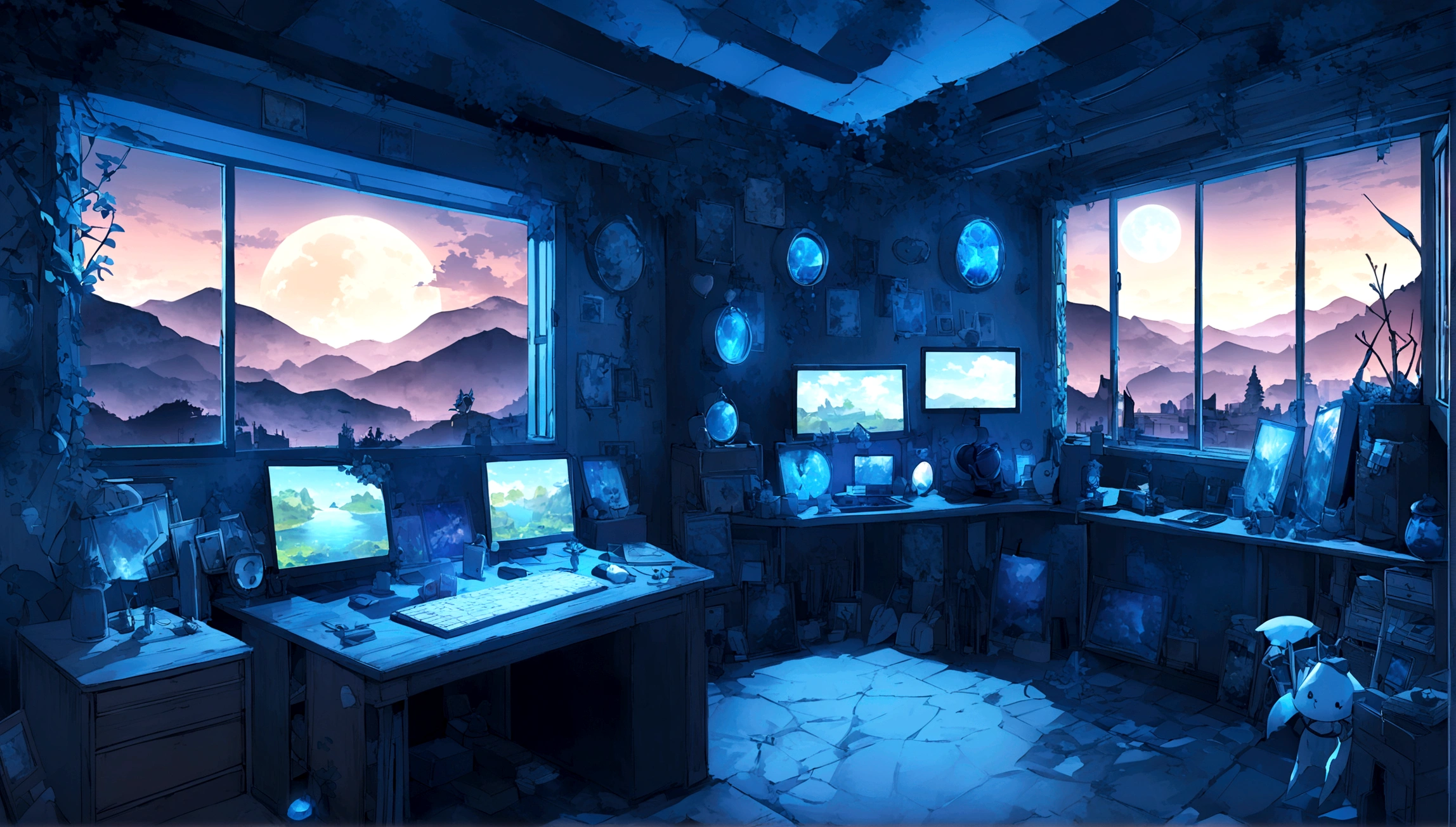 on the desk、No people、Tablet、liquid crystal、moon、PC Monitor、liquid crystalTablet、smartphone、wall、Dark atmosphere、Blue Neon、Blue Star、keyboard、Vocal Microphone、Headphones、Large windows、landscape、窓の前のon the deskの白い花とラップトップ、Digital painting inspired by Gyokudō Uragami、pixiv Contest Winner、magical realism、Magical Lab Background、Magic Background、Background Art、Personal room background、Random background scenes、アニメのBackground Art、Cozy cafe background、Fairytale style background、Background Artワーク、Mobile game background