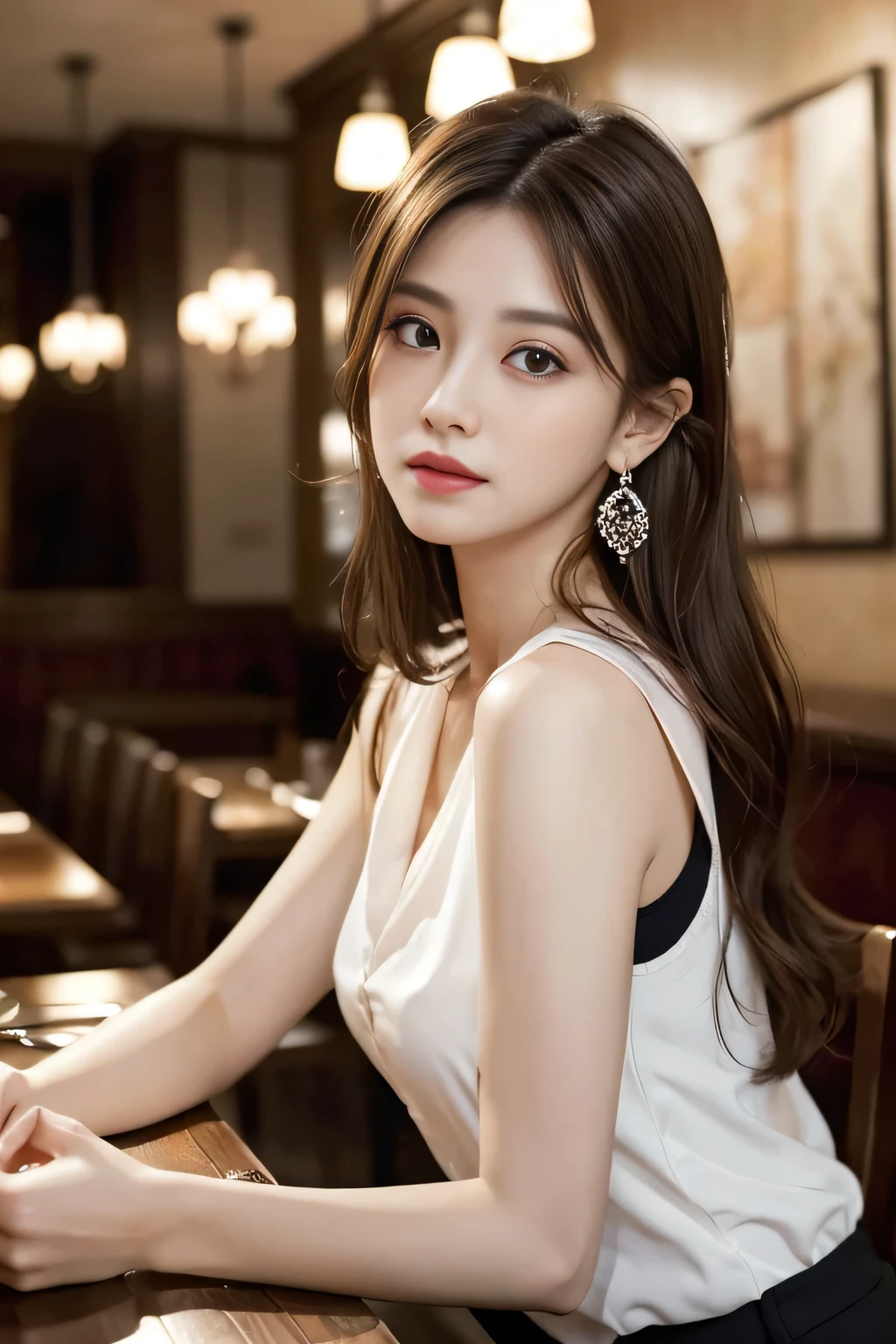 masterpiece, Highest quality, Realistic, Very detailed, Finer details, High resolution, 8k wallpaper, One beautiful woman, Wear an elegant white shirt, In a great restaurant, At night, Light brown messy hair, Perfect dynamic composition, Beautiful and beautiful eyes、Big earrings、Sleeveless shirt、