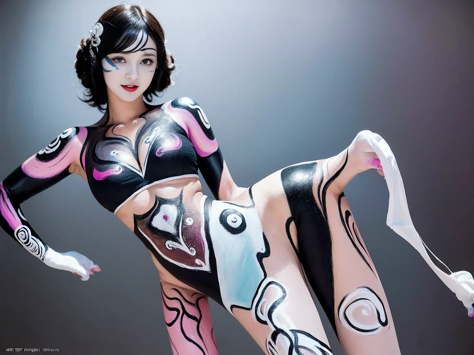 (art deco body painting:1.5), (female model with wide hips and strong legs), (art deco inspired designs), (modern and sophisticated poses), (studio background), (bold and intricate patterns), (high contrast), (8k RAW photo, highest quality)