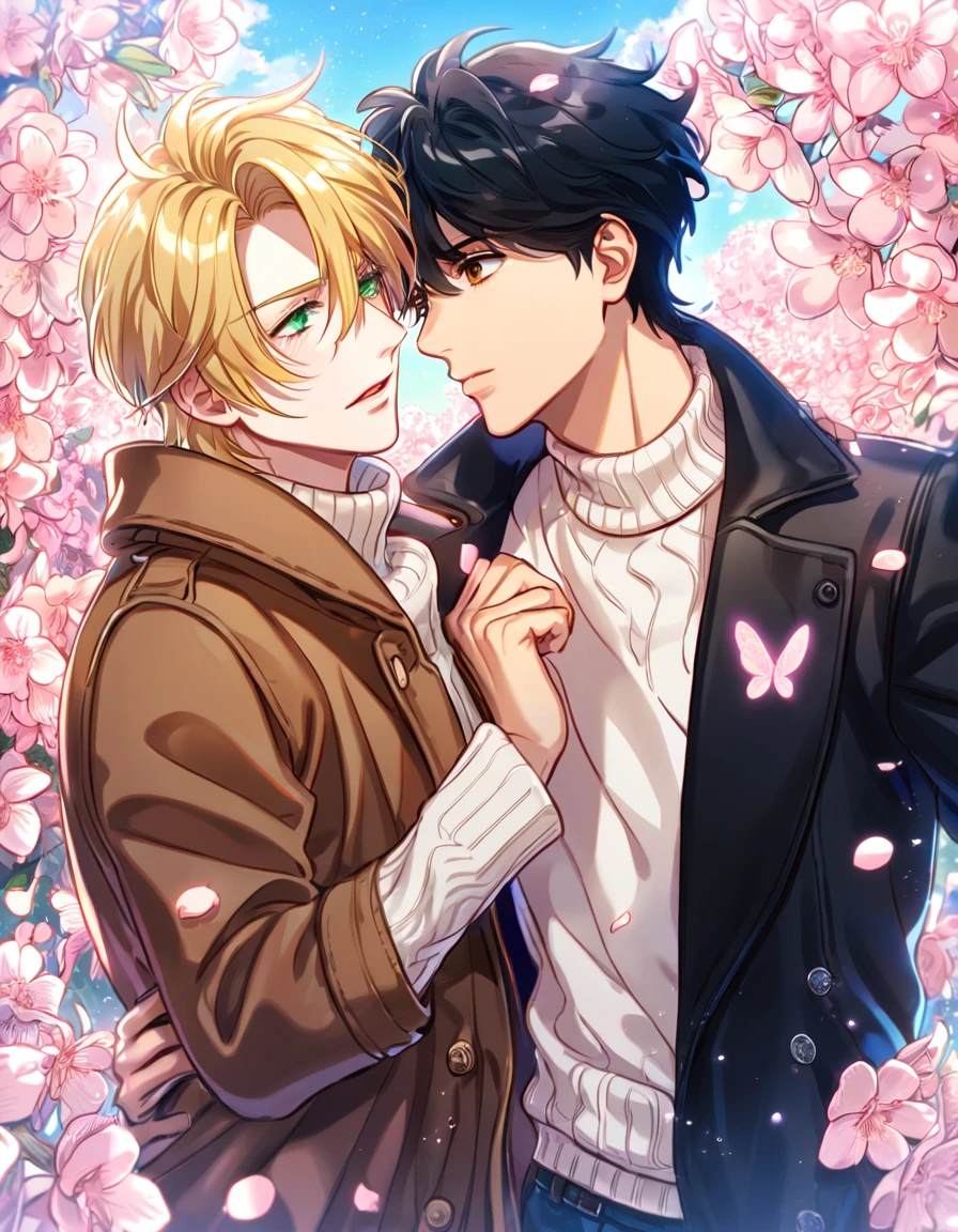 absurdres, highres, ultra detailed, HDR, master piece, best quality, Ash Lynx, blonde hair, expressive green eyes, banana fish, Okumura Eiji, black hair, expressive brown eyes, two sexy men together, yaoi, gay couple, handsome, brown coat, white sweater, black coat, fantasy, shining, pink flowers, pink blossoms, pink butterflies, pink petals