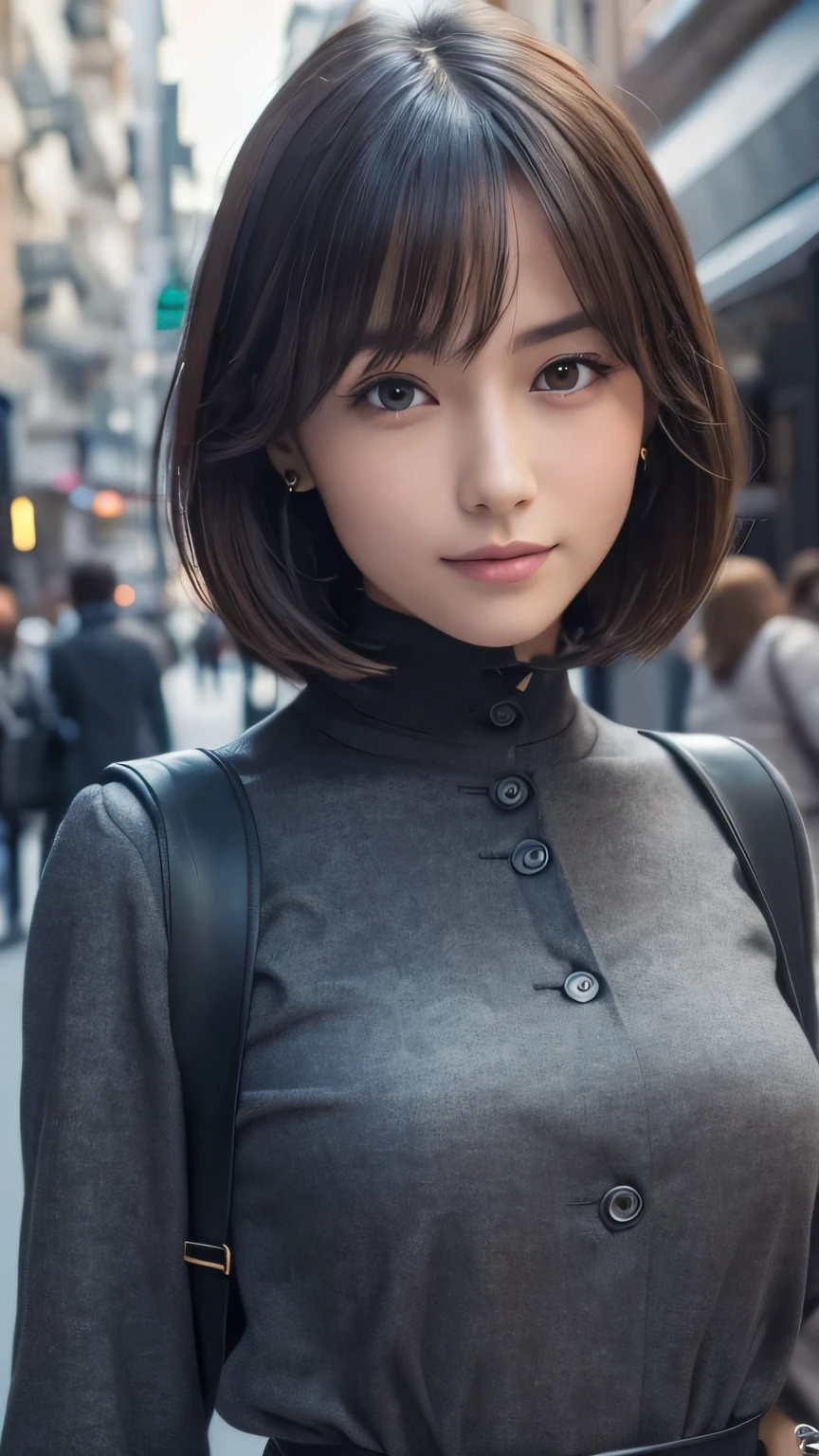 (Ultra-realistic), (figure), (High resolution), (8K), (Very detailed), (Best figure), (Beautiful and detailed), (Highest quality), (Super detailed), (masterpiece), (wallpaper), (Detailed face), alone, One Girl, watching viewer, Trendy clothes,Fine details, Detailed face, In the Dark, Deep Shadow, Modest, Pure Erotic Face Ace_v1, smile, short hair, Pointed diagonal bangs,Aoyama Street