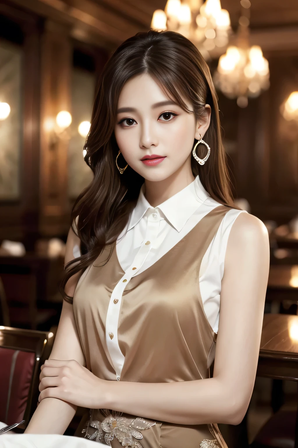 masterpiece, Highest quality, Realistic, Very detailed, Finer details, High resolution, 8k wallpaper, One beautiful woman, Wear an elegant white shirt, In a great restaurant, At night, Light brown messy hair, Perfect dynamic composition, Beautiful and beautiful eyes、Big earrings、Sleeveless shirt、