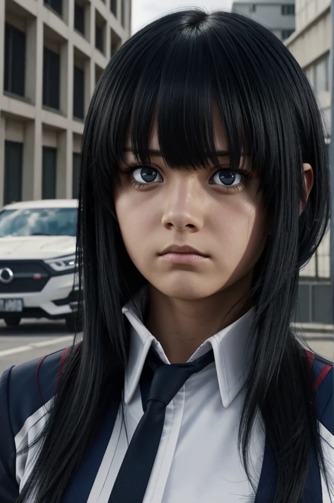 Screenshot of my hero academia. Girl with long straight black hair with bangs. Dark black eyes and has a cold and disappointed expression. He is wearing the UA uniform and in the background you can see the destroyed city