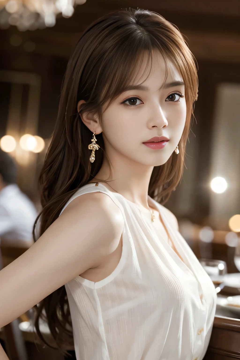 masterpiece, Highest quality, Realistic, Very detailed, Finer details, High resolution, 8k wallpaper, One beautiful woman, Wear an elegant white shirt, In a great restaurant, At night, Light brown messy hair, Perfect dynamic composition, Beautiful and beautiful eyes、Big earrings、Sleeveless shirt、