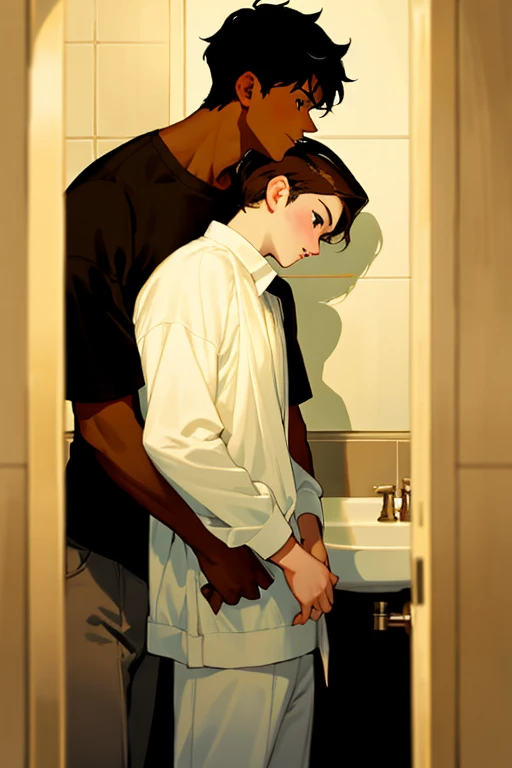 Two bathroom, short ,one with white skin , straight brown hair thin lips brown eyes very nervous before the dominant grip of the other boy with dark skin straight black hair black eyes and very tall who grabbed him by the chin so that he could look at him they were in a secret bathroom keeping the secret of love, they are both thin