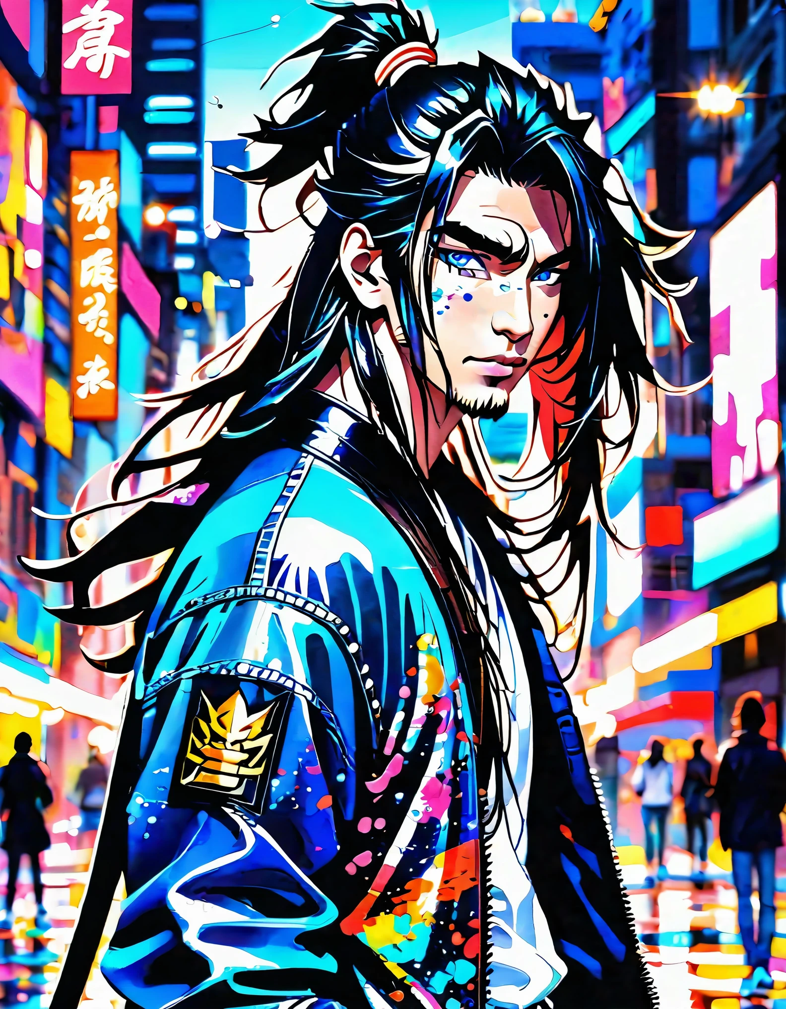Blurred outline, masterpiece, handsome samurai, long hair, coldly shining beautiful blue eyes, cold sneer, beautiful teeth with perfectly aligned teeth, dark painting on face, flashy jacket with lots of patches, tight jeans, pop sneakers, angled from above and in front, deformed downtown cityscape with paint splattered in the background, pop and flashy watercolor style