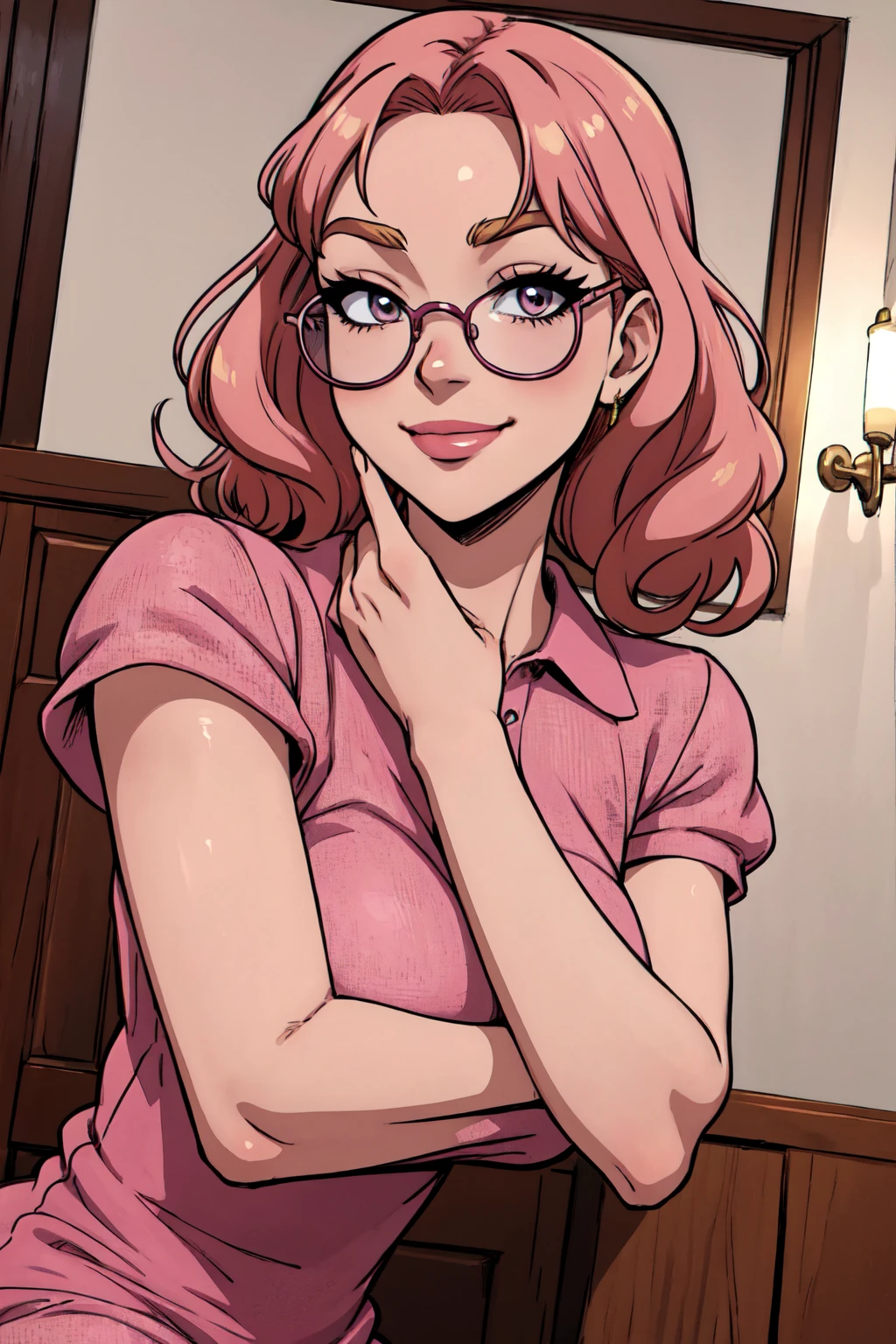 {-erro_de_anatomia:1.0}(best quality,4k,8k,highres,masterpiece:1.2) Anime girl tuxedo with curly hair, hazelnut hair and round gold glasses, rose gold eyes. Guviz style art, attractive detailed art style, Charlie Bowater Style, 1 7 -  - old e anime girl, detailed manga style, detailed anime character art, germ of art. High detail, stunning manga art style. Rose dress. (pink dress) . Wearing rose gold Victorian clothing, dynamic poses, smile. Different Pose, upper body, sitting