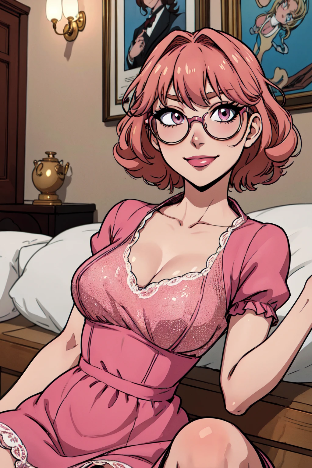 {-erro_de_anatomia:1.0}(best quality,4k,8k,highres,masterpiece:1.2) Anime girl tuxedo with curly hair, hazelnut hair and round gold glasses, rose gold eyes. Guviz style art, attractive detailed art style, Charlie Bowater Style, 1 7 -  - old e anime girl, detailed manga style, detailed anime character art, germ of art. High detail, stunning manga art style. Rose dress. (pink dress) . Wearing rose gold Victorian clothing, dynamic poses, smile. Different Pose, upper body, sitting