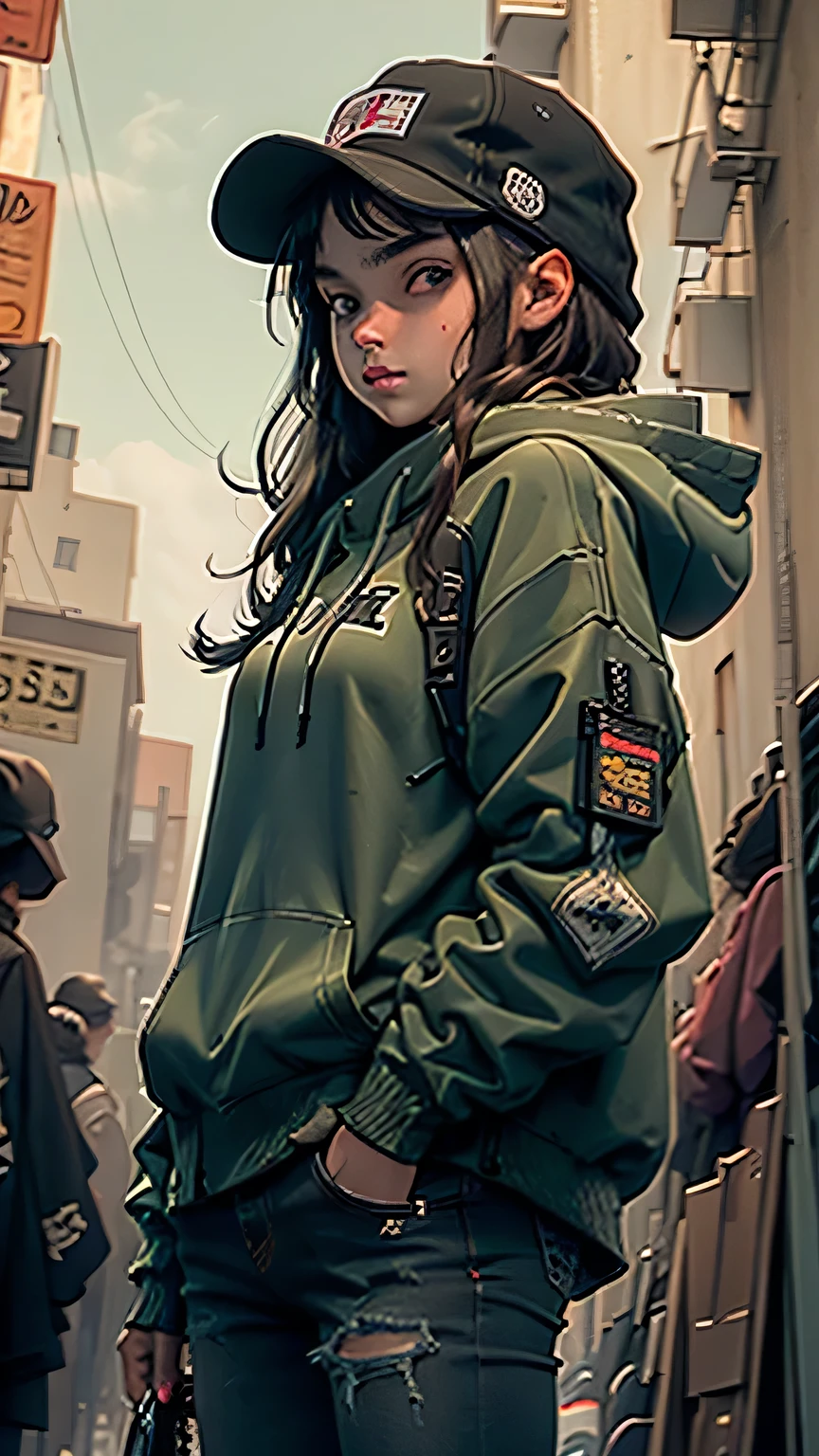 girl with dark brown long hair and dark green eyes, 20 years old, in a cap, dressed in a cyberpunk hoodie and jeans