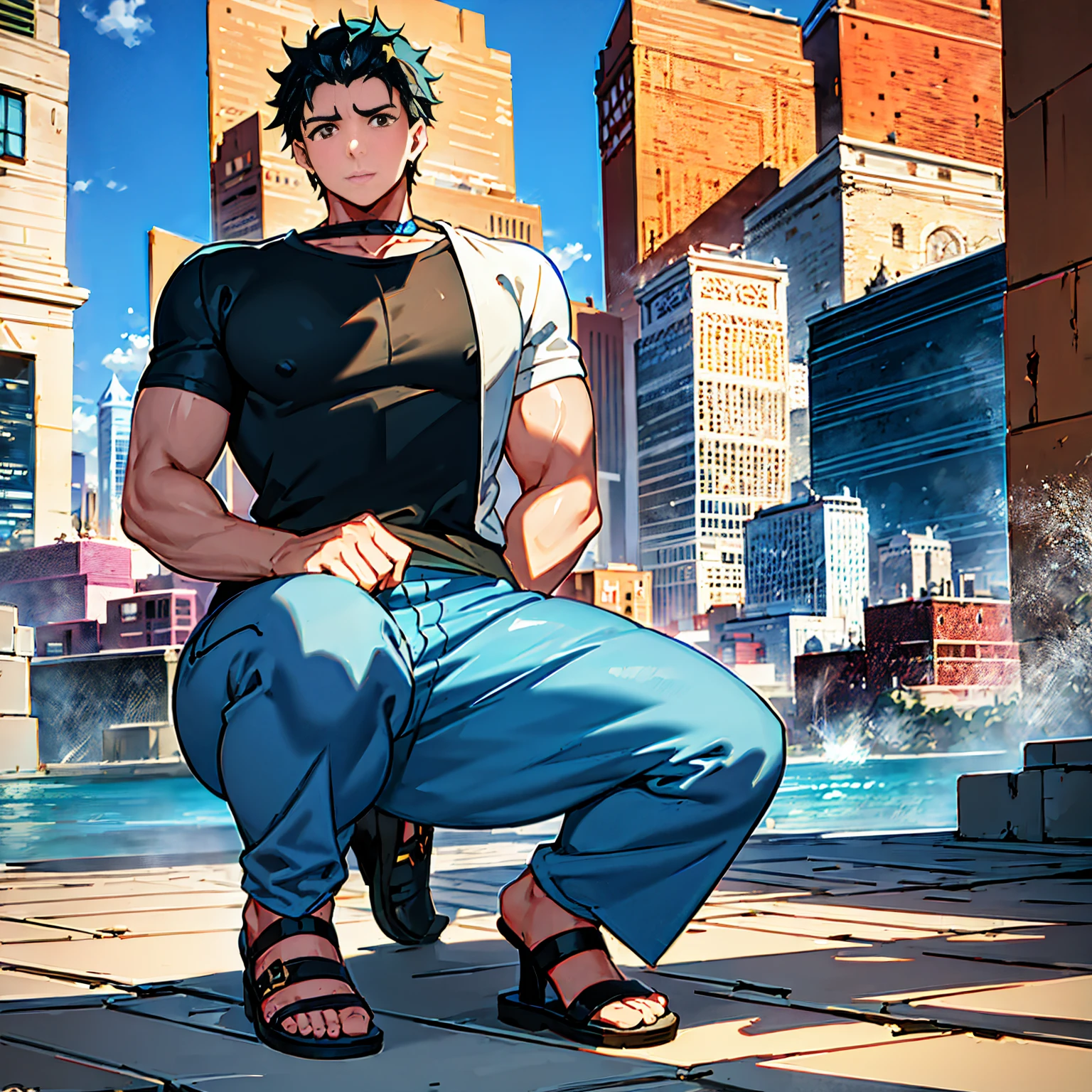 The cartoon-like illustration, fantastic atmosphere, a very handsome young man with black hair and black eyes, wearing a blue and white T-shirt, blue pants, and black sandals, squatting alone in a cityscape with a blue sky. He has a detailed, symmetrical face and clear, expressive eyes. The background is a modern cityscape with a vibrant urban atmosphere and no one around