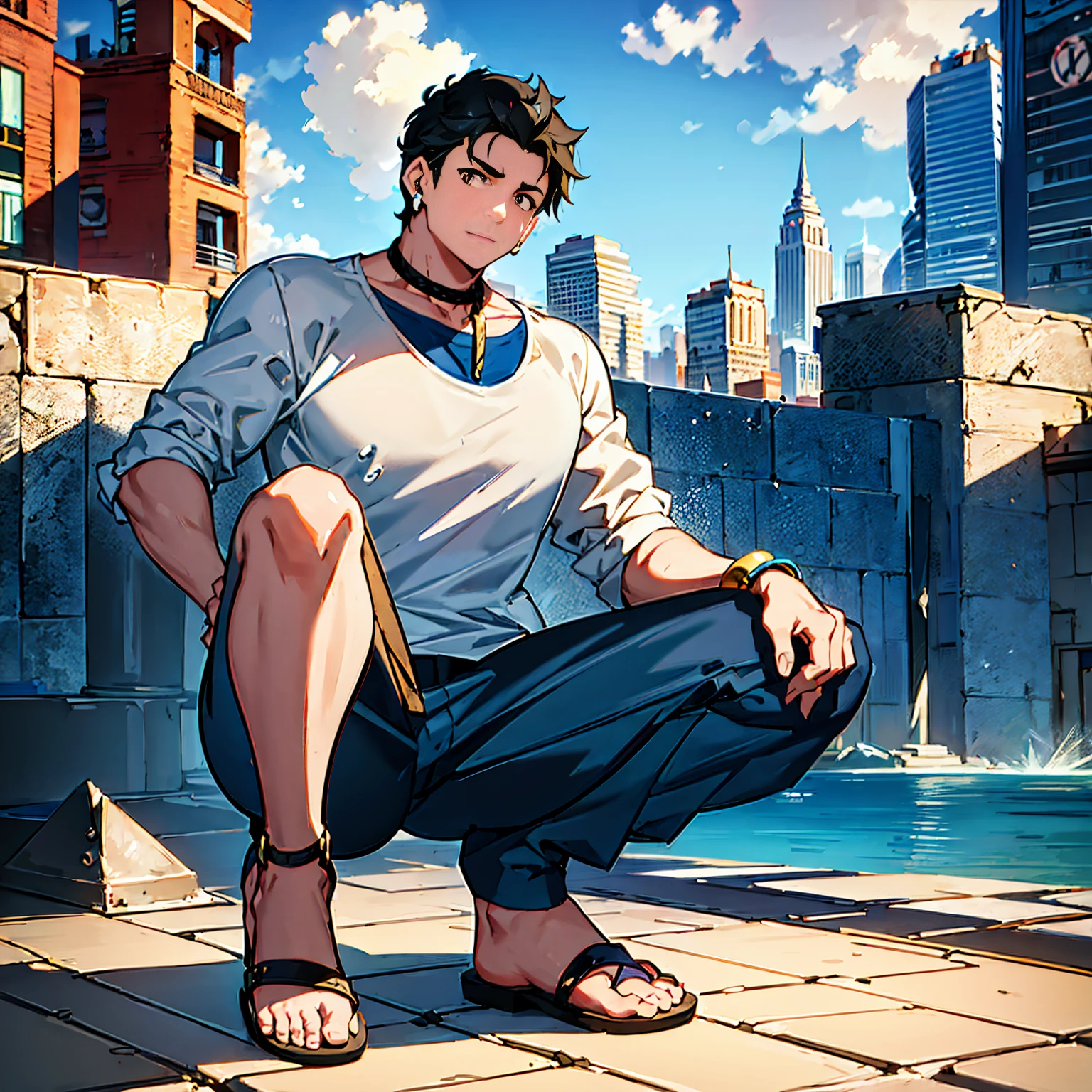 The cartoon-like illustration, fantastic atmosphere, a very handsome young man with black hair and black eyes, wearing a blue and white T-shirt, blue pants, and black sandals, squatting alone in a cityscape with a blue sky. He has a detailed, symmetrical face and clear, expressive eyes. The background is a modern cityscape with a vibrant urban atmosphere and no one around