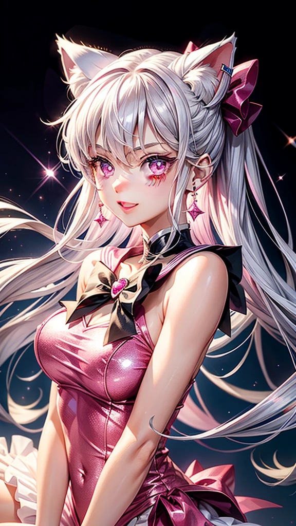 Silver hair, pink eyes, body, cat ears, woman, earrings, sparkle background, hot pink clothes, hair bows, happy face, princess, sailor moon outfit
