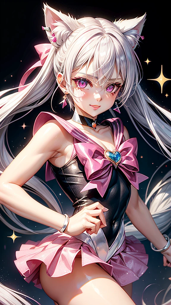 Silver hair, pink eyes, body, cat ears, woman, earrings, sparkle background, hot pink clothes, hair bows, happy face, princess, sailor moon outfit