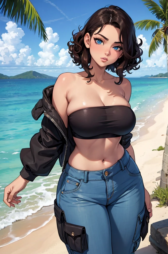 hot girl, perfect face, good forward growth, good jawline, blue eyes, brunette, curls, hourglass figure, curvy, wearing tube top and cargo pants, on an deserted tropical island, swimming