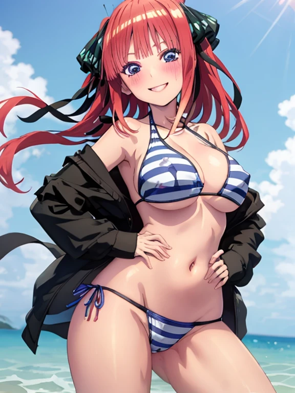 best quality, insanely detailed, nino nakano, breasts, smile, swimsuit, halterneck, striped tops, flower print,nipple,pussy,nsfw