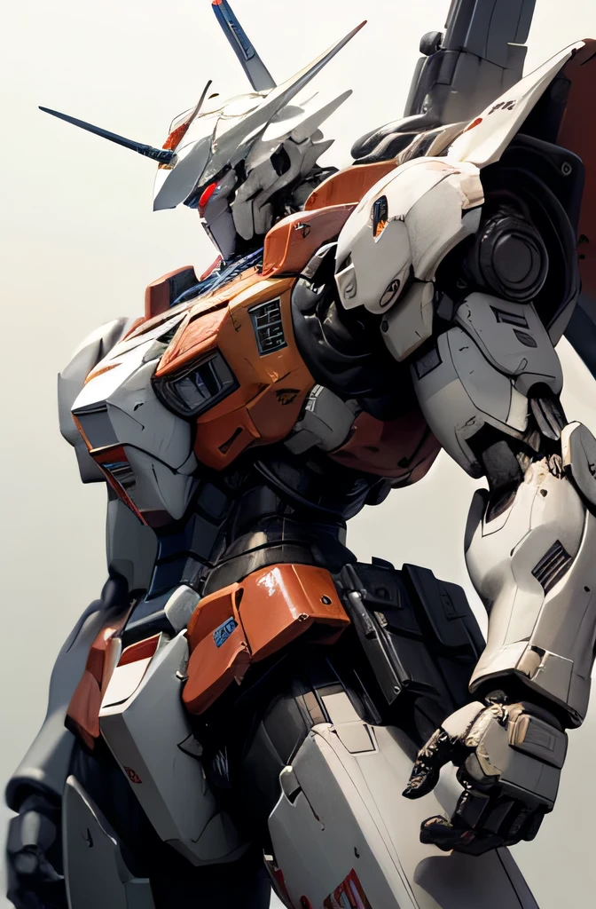 Highest quality、Fantasy、masterpiece、The whole body of a giant robot like Gundam、The base color is off-white with pale sky-colored lines.、No fixed armament、Glossy body with exquisite details、Well-proportioned limbs、Detailed depiction of the knight'Helmet-like head、A precisely drawn Gundam-like face、Goggle Eye、Floating in space、Shining in the sunshine、Space War、explosion、light