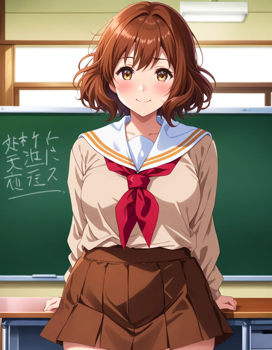 Highest quality, High resolution, masterpiece, (Beautiful Eyes), (Fine grain), Detailed face, kumiko oumae, Brown eyes, Brown Hair, short hair, Wavy Hair, smile, blush, skirt, shirt, Long sleeve, , pleated skirt, neckerchief, brown skirt, White sailor collar, brown shirt, Kitauji High , red neckerchief, indoor, classroom, Chair, machine, View your viewers, Cowboy Shot, (skirtを持ち上げる:1.5), (skirt that rolls up), (Panties in full view), (Wide pelvis), (Thick thighs), (White panties), nsfw