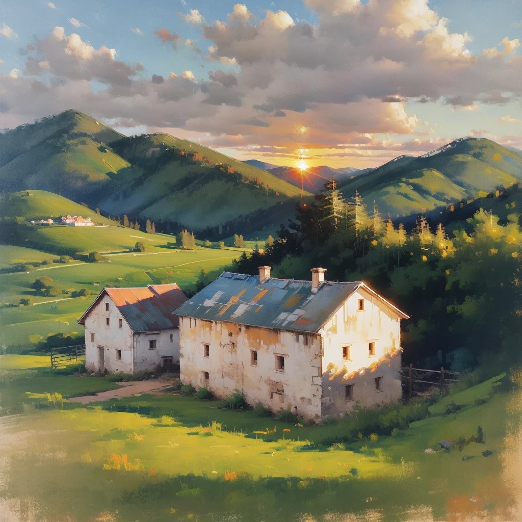 Mountain Landscape Print | Vintage oil painting, (OLD FARM HOUSE) AERIAL VIEW OF MINAS GERAIS - SUNSET