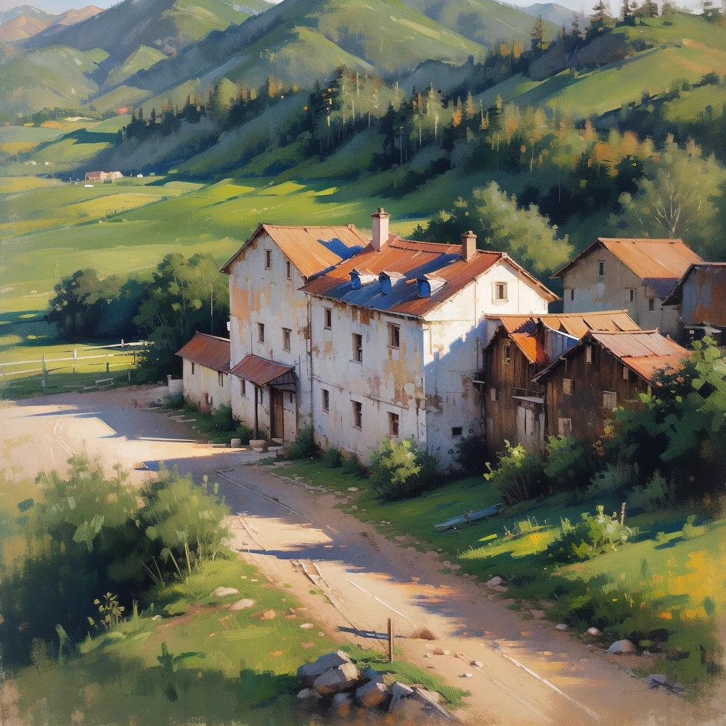 Mountain Landscape Print | Vintage oil painting, (OLD FARM HOUSE) AERIAL VIEW OF MINAS GERAIS - SUNSET
