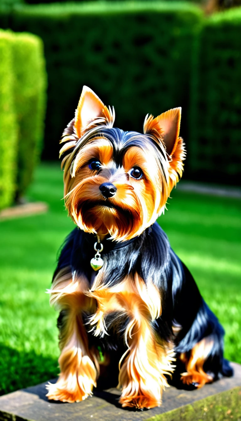 There is no one, realistic photo, photo realism, realism, Yorkshire terrier (Yorkshire Terrier), perfect composition, intricate details, Very sharp, masterpiece, profile, high resolution, looking at the viewer, Full body photo in garden background