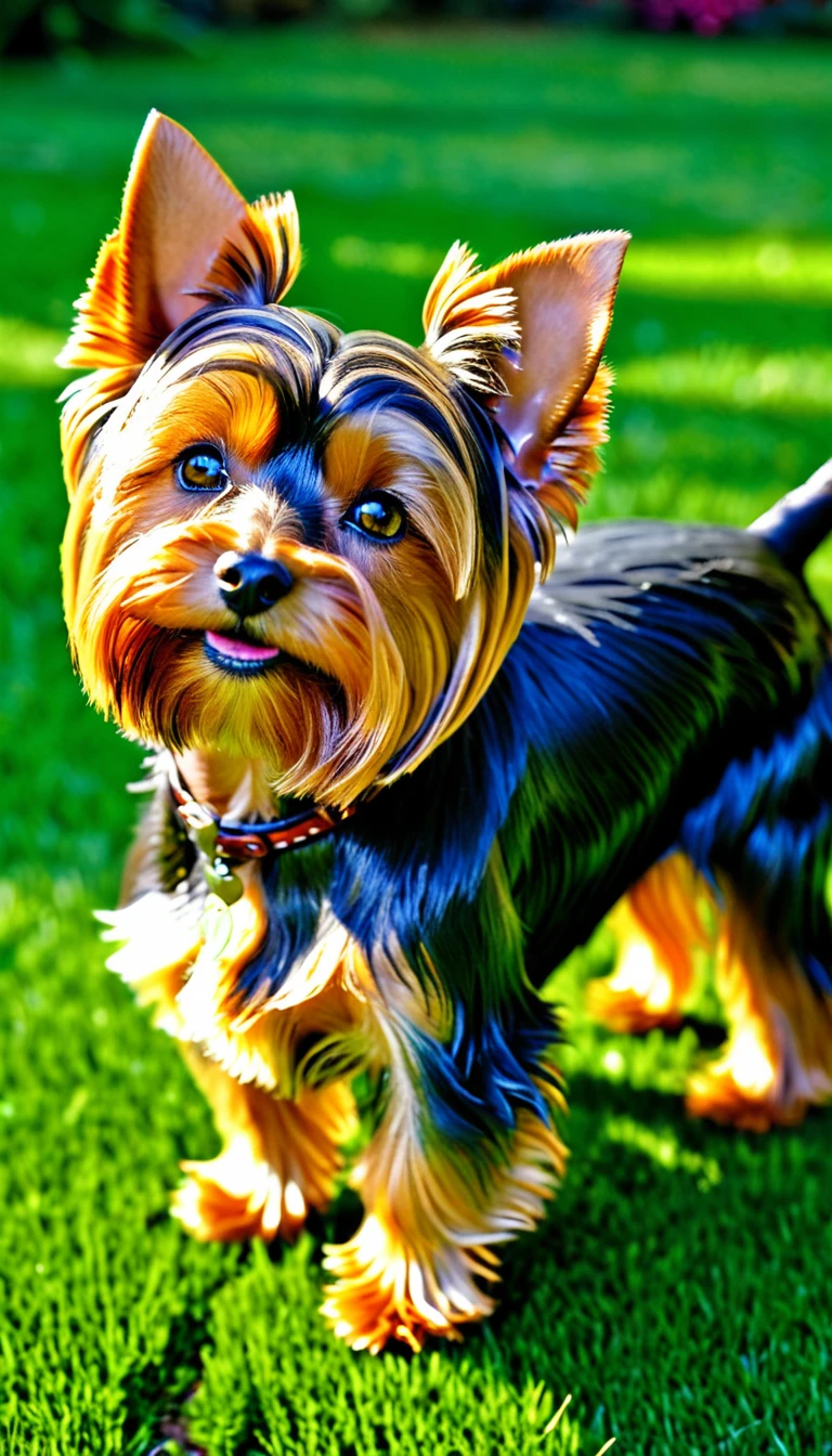 There is no one, realistic photo, photo realism, realism, Yorkshire terrier (Yorkshire Terrier), perfect composition, intricate details, Very sharp, masterpiece, profile, high resolution, looking at the viewer, Full body photo in garden background