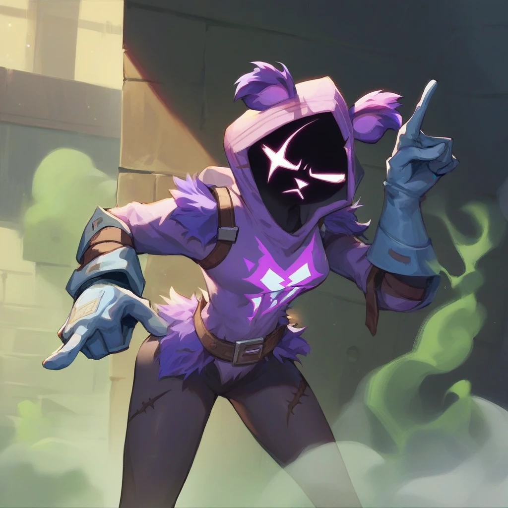 Raven team leader,purple hoodie, with no face, shadowed face, animal ears,purple skin, scar on eye, body skin, purple fur, waist belt, torso symbol, metal gloves, pointing your ass at the viewer, leaning forward, pushing, she closes her eyes, hands resting on a wall, farting hard, would be green, green smoke in her ass, scenery with green smoke, she farting, she is passing gas, farts, gases. her with her eyes closed, hands are not in the air, expression of force, stomachache, stomach growling. day Of course