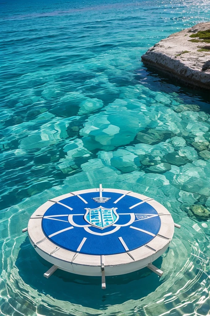 shield representing crystal clear water , breezes , until , sport and education