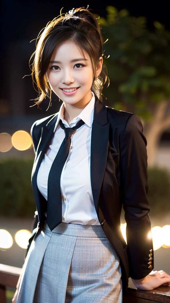 (a gorgeous lady, age 22, Formal Skirt Suit with Blouse, natural pose under night sky, dimpled smile, short ponytail, cute snaggletooth, ample round bosom, photorealistic, beautiful detailed eyes, beautiful detailed face, hyper-realism, high contrast, ultra HD, realistic skin textures, top image quality, top-quality, super high resolution, fine details, very meticulously, the Cowboy shot, bokeh background)