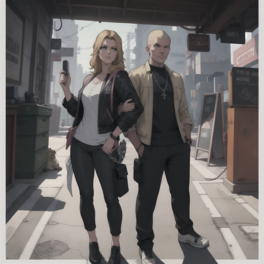 GTAV Loading Screen 2D Graphics, wide angle, whole body, blonde girl standing , holding an ametry and a pitbull with a chain on a leash, GTA5 character, cinematographic composition, in front of a city, shadow, bright cinematic lighting, soft contrast, GTA5 loading screen, gta art, 4K Wallpaper, 4K Wallpaper, high quality 4k wallpaper, gta loading screen graphics, arte the fan, art of rockstar games