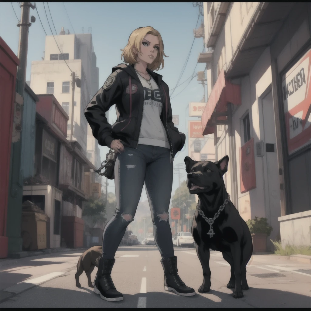 GTAV Loading Screen 2D Graphics, wide angle, whole body, blonde girl standing , holding an ametry and a pitbull with a chain on a leash, GTA5 character, cinematographic composition, in front of a city, shadow, bright cinematic lighting, soft contrast, GTA5 loading screen, gta art, 4K Wallpaper, 4K Wallpaper, high quality 4k wallpaper, gta loading screen graphics, arte the fan, art of rockstar games