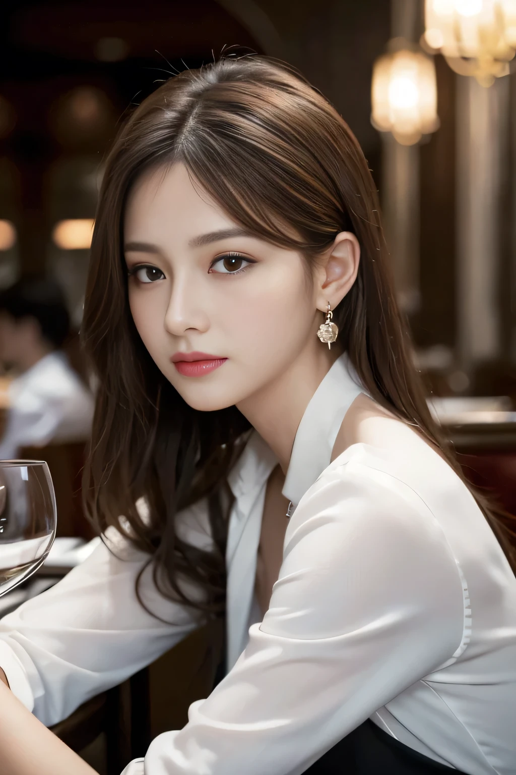 masterpiece, Highest quality, Realistic, Very detailed, Finer details, High resolution, 8k wallpaper, One beautiful woman, Wear an elegant white shirt, In a great restaurant, At night, Light brown messy hair, Perfect dynamic composition, Beautiful and beautiful eyes、Big earrings、