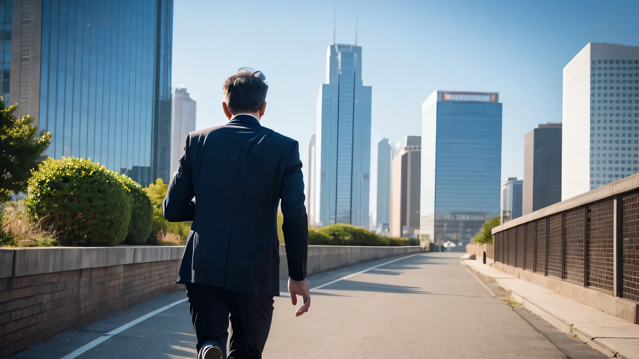 With buildings in the background、A photo of a small and medium-sized business consultant in a suit in his 50s running.、The person is running towards the back, so you can see his back but not his face.。In that photo、Only one person
