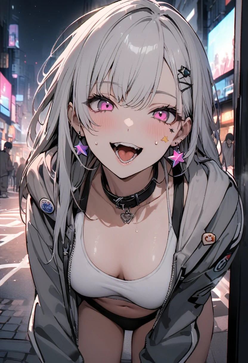(masterpiece:1.2)、Highest quality、PIXIV、Rebellious e girl、Open your mouth、鋭いteeth、teeth、Long Hair、Street background、gem、badge、ボタンbadge、Food、Pink Eyes、Earrings、Jacket、eyelash、Foodを下にして、star (symbol)、Upper Body、Characters in clothes、zipper、collar、cable、chain、tongue、Stickers、hoodie、smile、spike、Focus on the viewer、長いtongue、Chest in the center、Shoulder Bare、Belly button、k and white hair color,leaning forward,Cyberpunk city,Night view,Black and white grey outfit,fallatio,Absolute area,1boy,Sports Bra