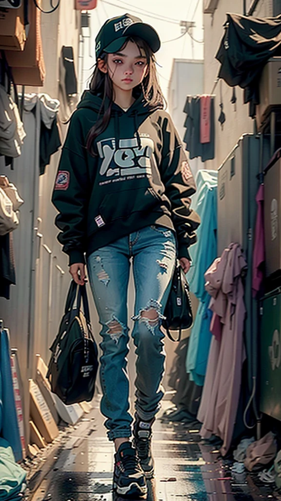 girl with dark brown long hair and dark green eyes, 20 years old, in a cap, dressed in a hoodie and jeans looking straight at the camera in cyberpunk style
