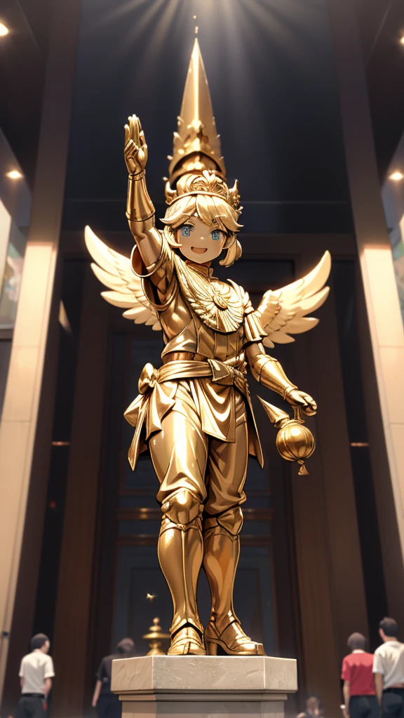 一个男孩的Gold statue旁边停着一只燕子。王子的Gold statue，Prince style，Prince costume，Court dress，Gold statue，男孩的Gold statue，带着黄金冠冕的Gold statue，脚边停着一只燕子的Gold statue，Golden Boy Statue，Gold statue，cute男孩，British style，Victorian style，crown，crown，Golden Boy Sculpture，Golden Boy Statue，Gold statue，shotaGold statue，cute男孩，cute，cute，cute，cute，shota，cute男孩，cute男孩，Moe，Giant golden statue，Giant golden statue，Outdoor Background，Smiling statue，Close-up above the waist镜头，Close-up above the waist